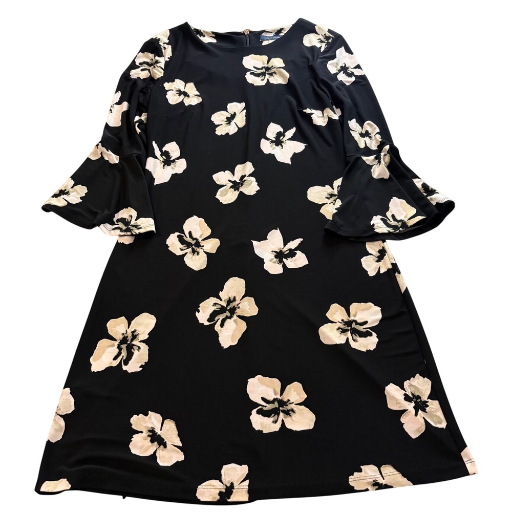 Tommy Hilfiger Black Cream Floral Bell Sleeve Shift Dress Size‎ 2 Office Career